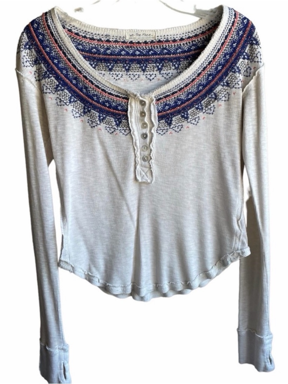 Free People Cream Long-Sleeve Henley with Blue and Pink Embroidery